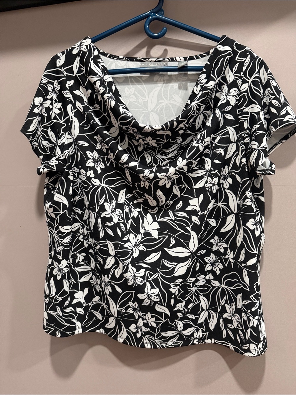 Kate Hill Black & White Floral Cowl Neck Blouse 1X